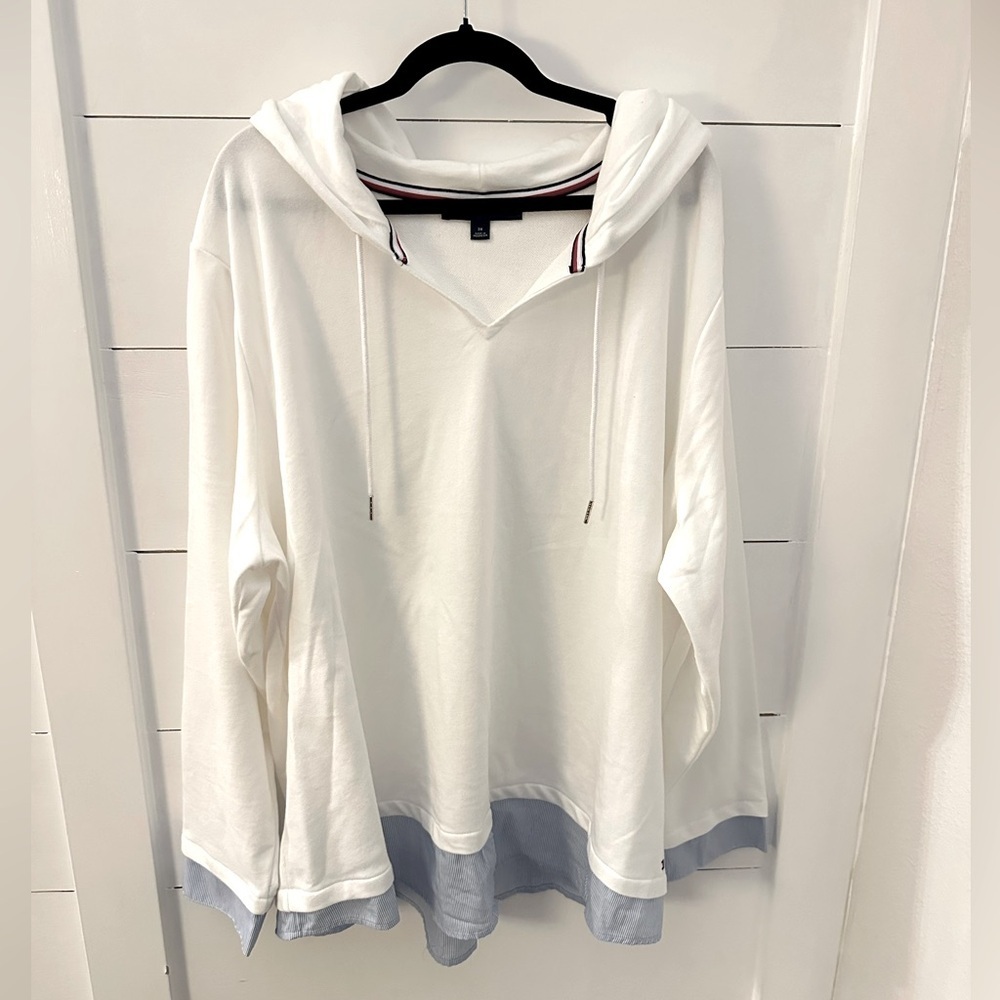 TOMMY HILFIGHER 3X Wovenhem white dress shirt bottom hooded loose fit woman top - Picture 2 of 14
